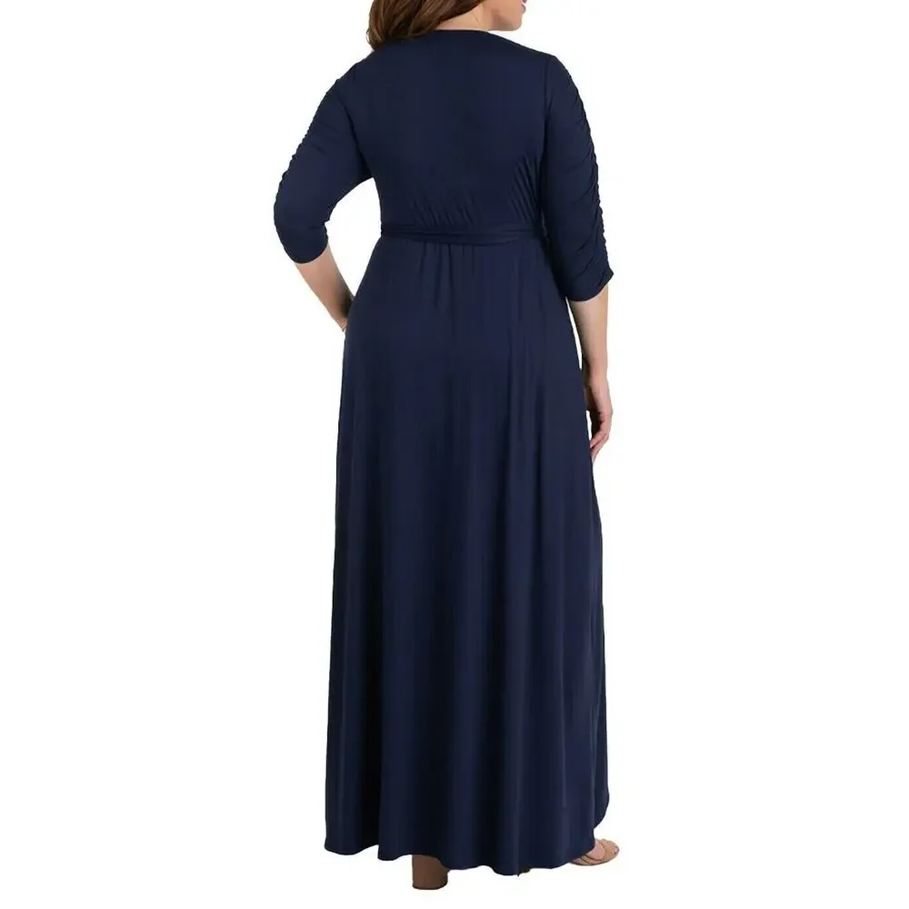 Kiyonna Dress Meadow Dream Style 5X Maxi True Wrap Slimming Navy Blue Ruched